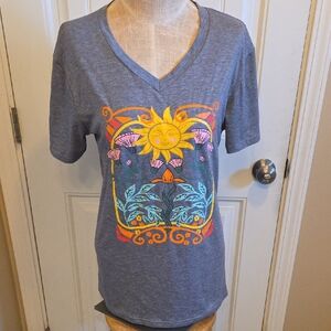 Gray Sun Floral Graphic V-Neck Women’s Top